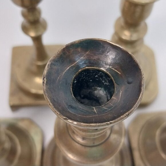 Antique Solid Brass Candlestick Holders Set Of 5 Mixed Styles & Heights - Picture 3 of 7